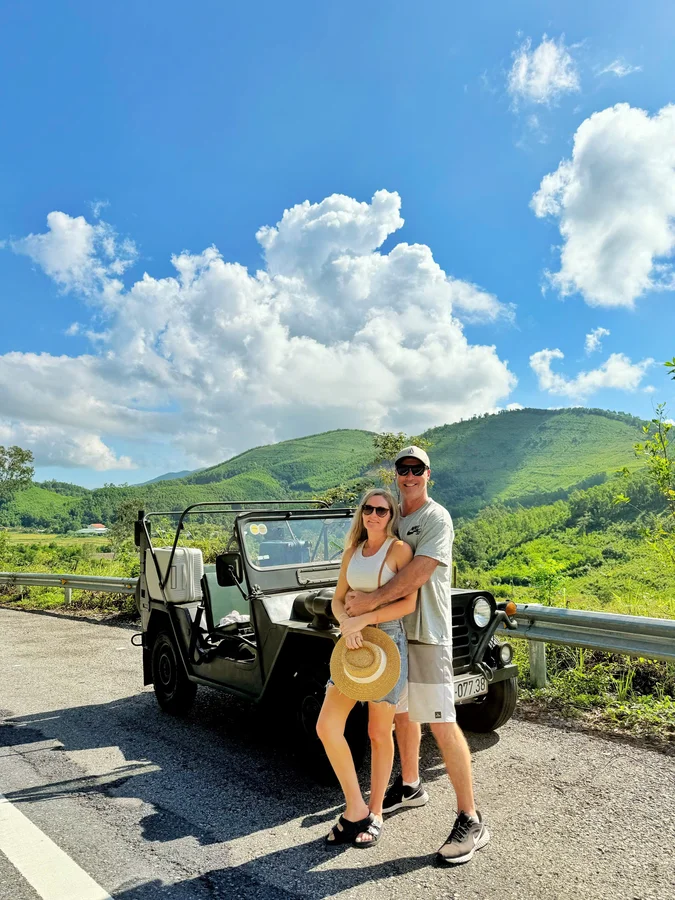 Hoi An Hue private Jeep tour couple green mountains