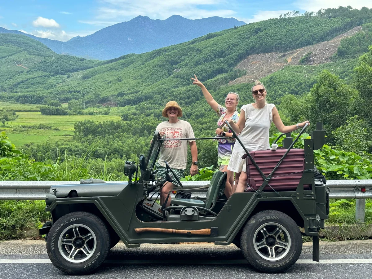 Group on Jeep tour scenic mountain view My Son Hoi An